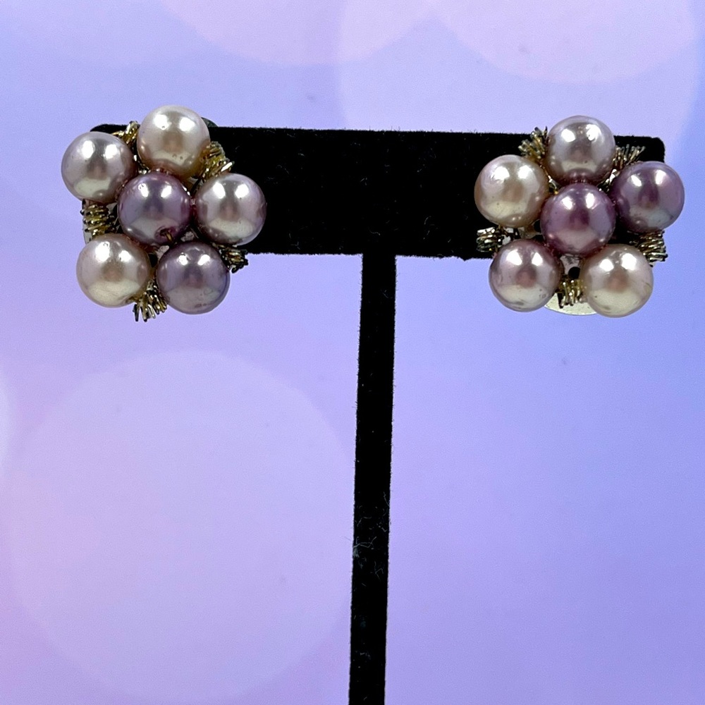 Vintage Triad Pearl Floral Design Pink & Purple Clip On Earrings